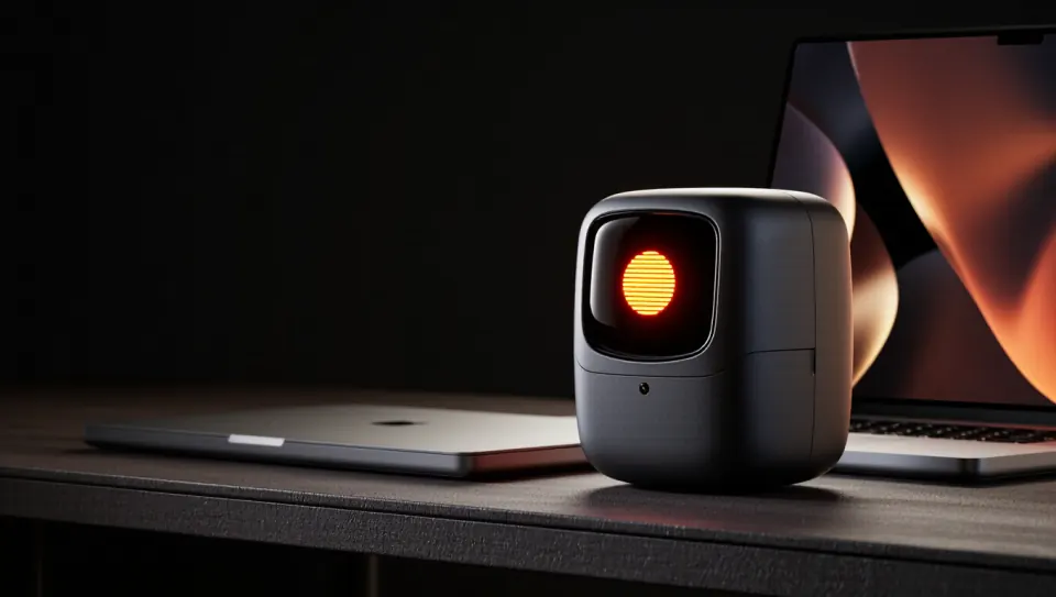 A small black desktop robot with a glowing orange eye