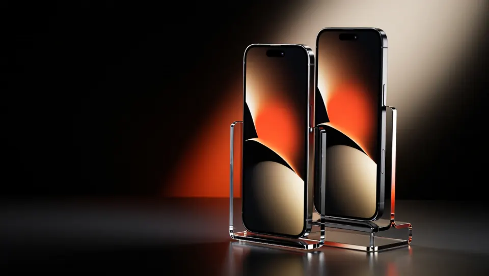 Two smartphones on a dark stand, their screens lit