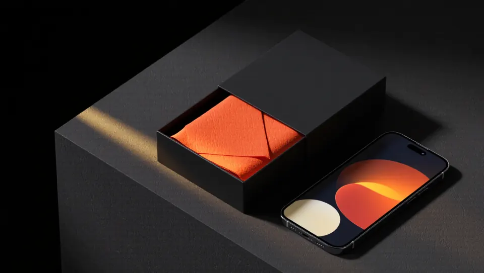 A black product box being unboxed, with orange tissue paper