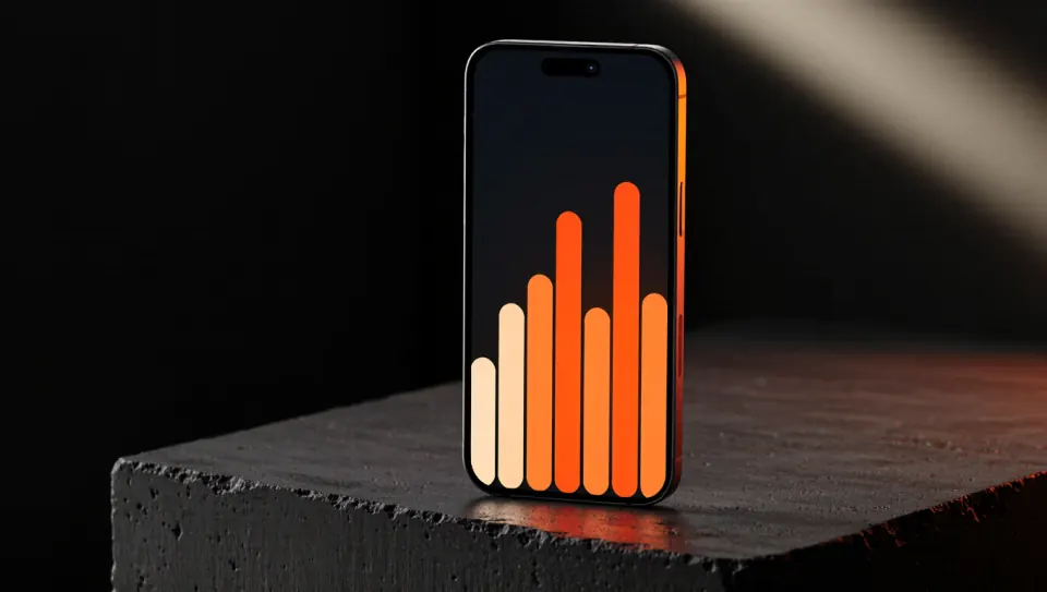 A smartphone on dark concrete, its screen glowing with rising orange bars