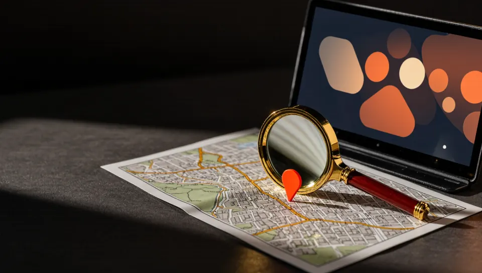 A brass magnifying glass over a printed map with an orange pin