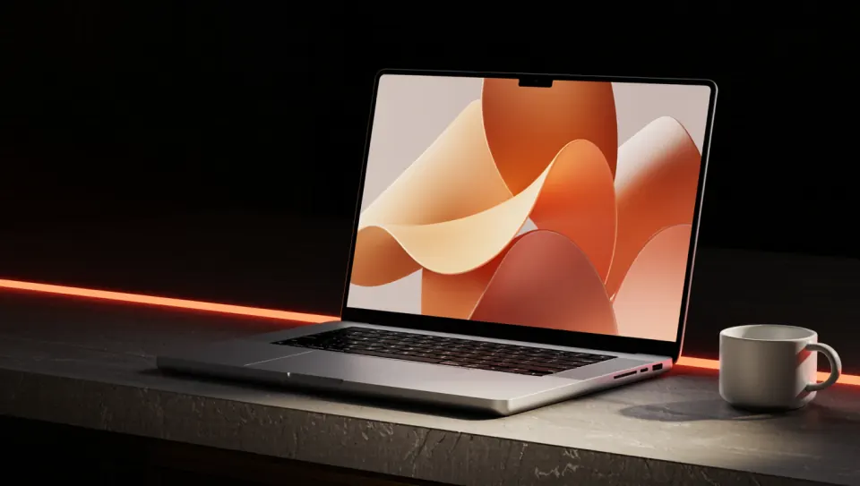 A laptop on a dark stone desk, lit with an orange accent light